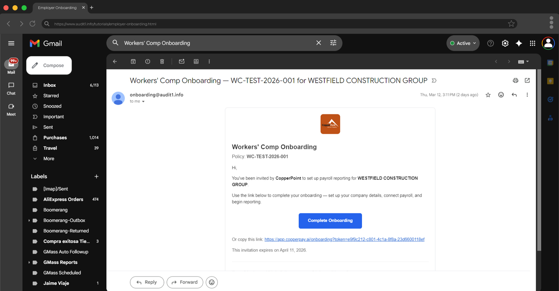 Onboarding invitation email from carrier