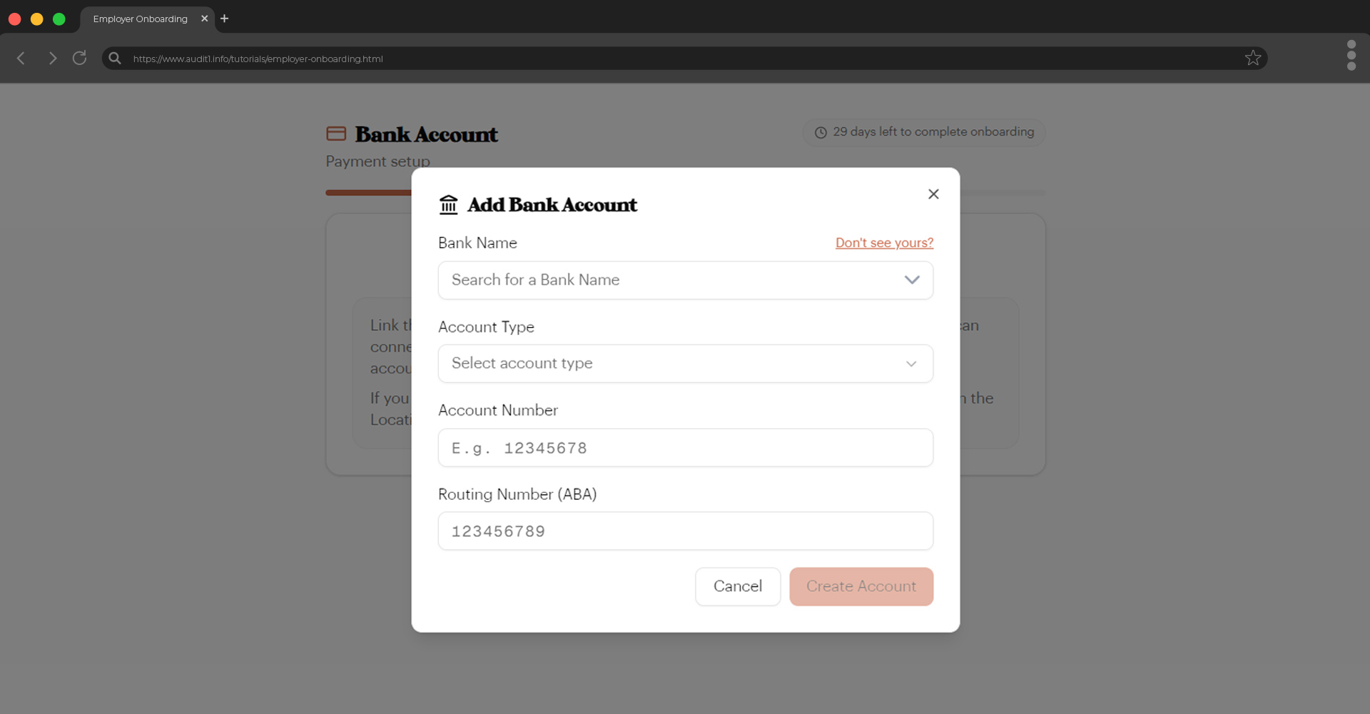 Manual bank account form