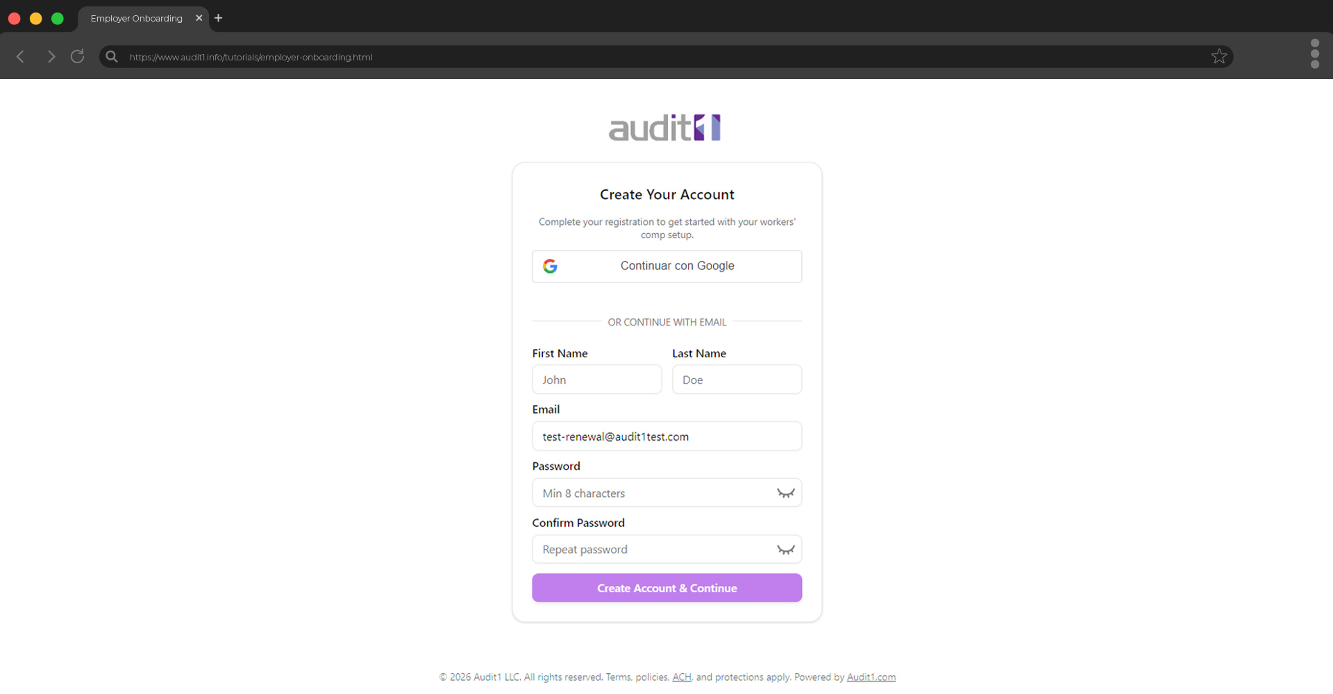 Account registration form