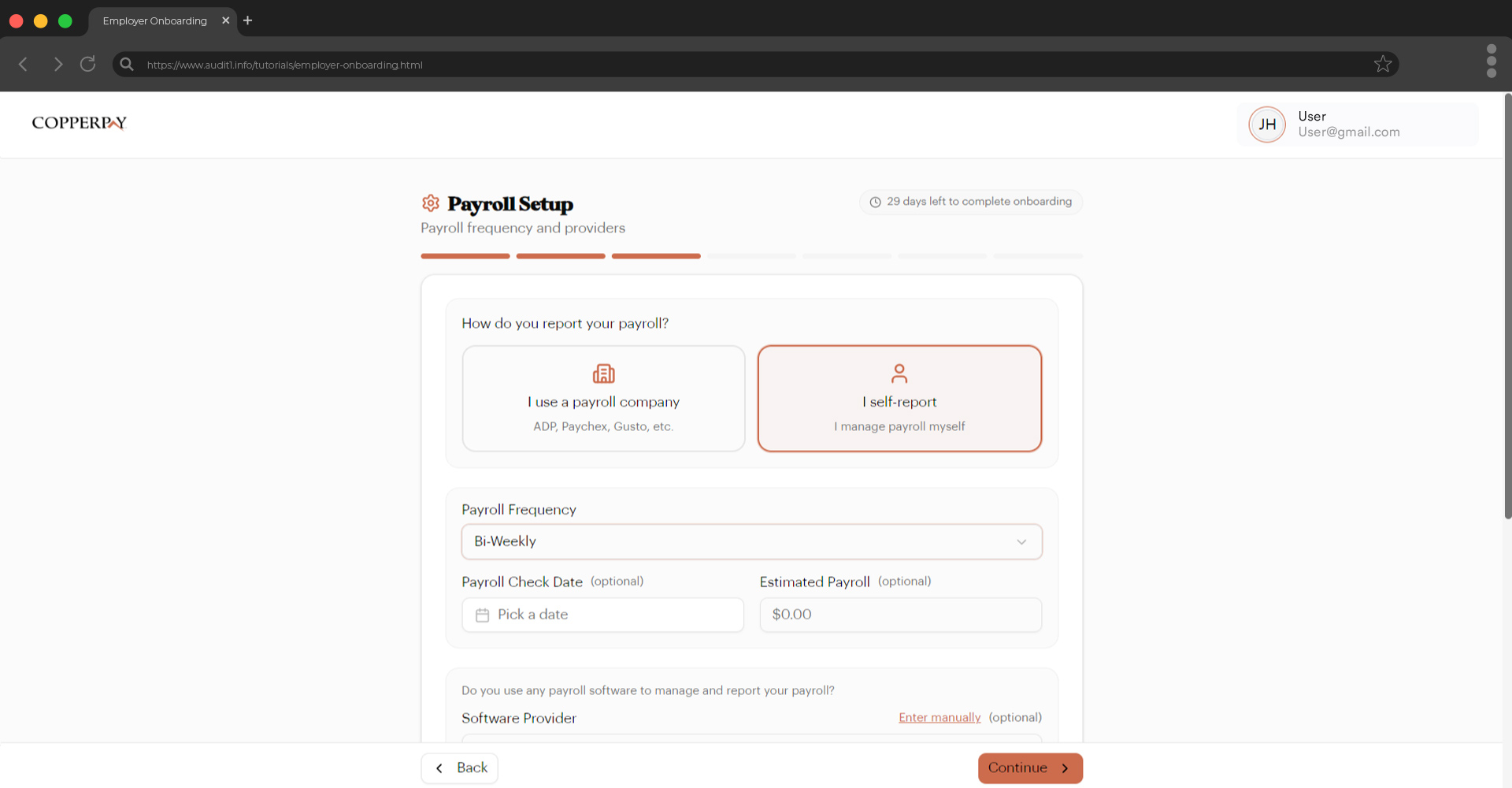 Payroll setup — self-report path