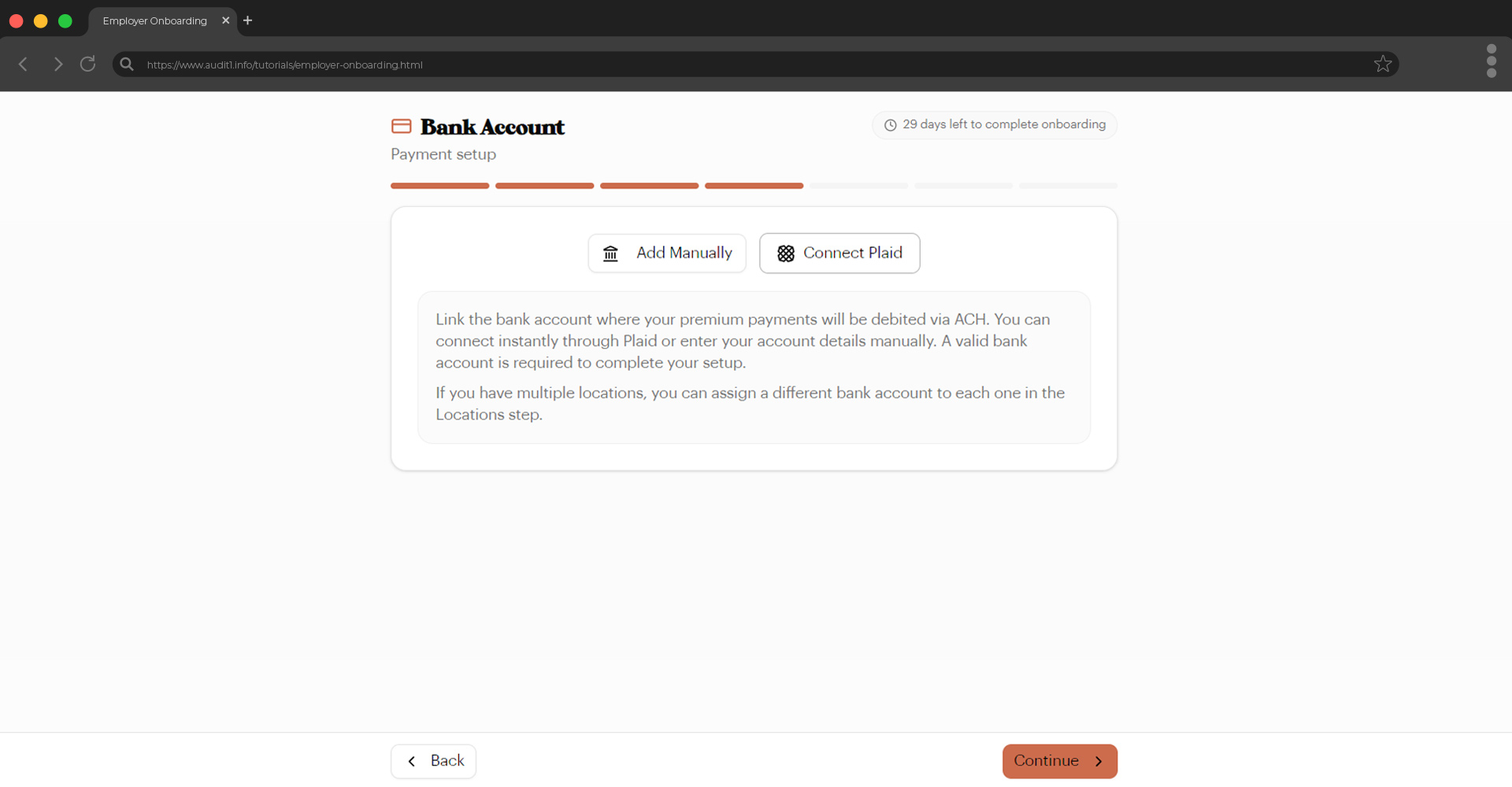 Bank account setup options