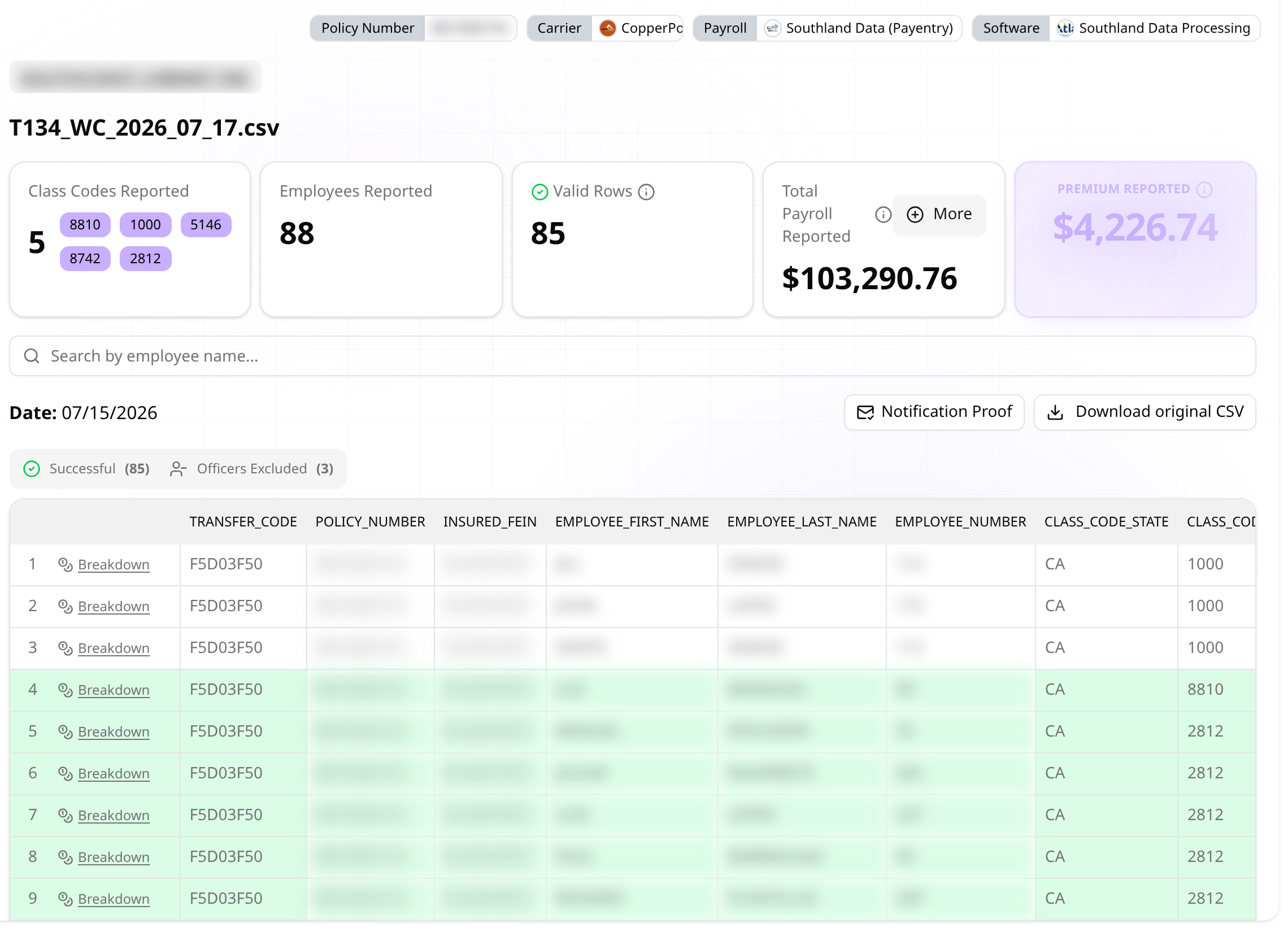 A completed File Detail screen showing overview cards and green rows