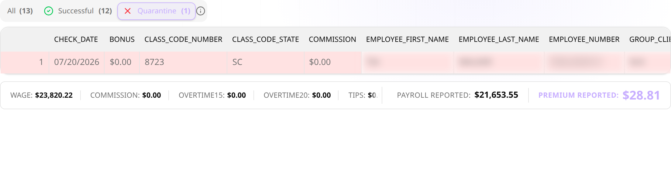 Row tabs showing Successful rows and one Quarantine row