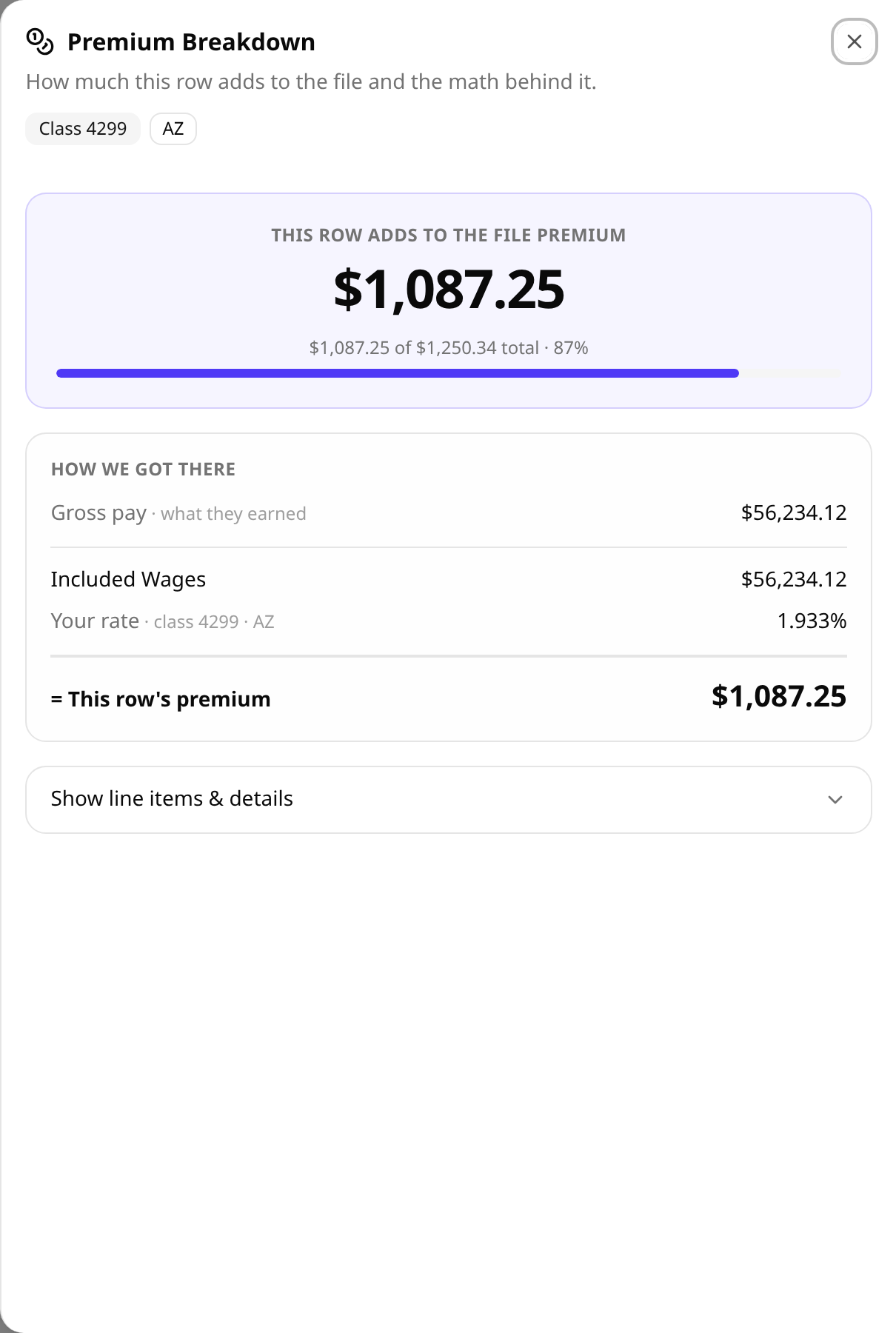 A per-row premium breakdown showing the full calculation
