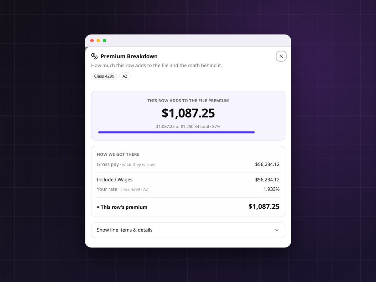 A per-row premium breakdown showing the exact math