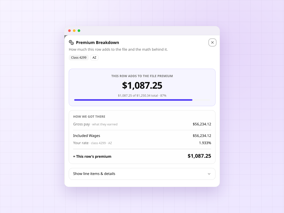 A per-row premium breakdown showing the exact math
