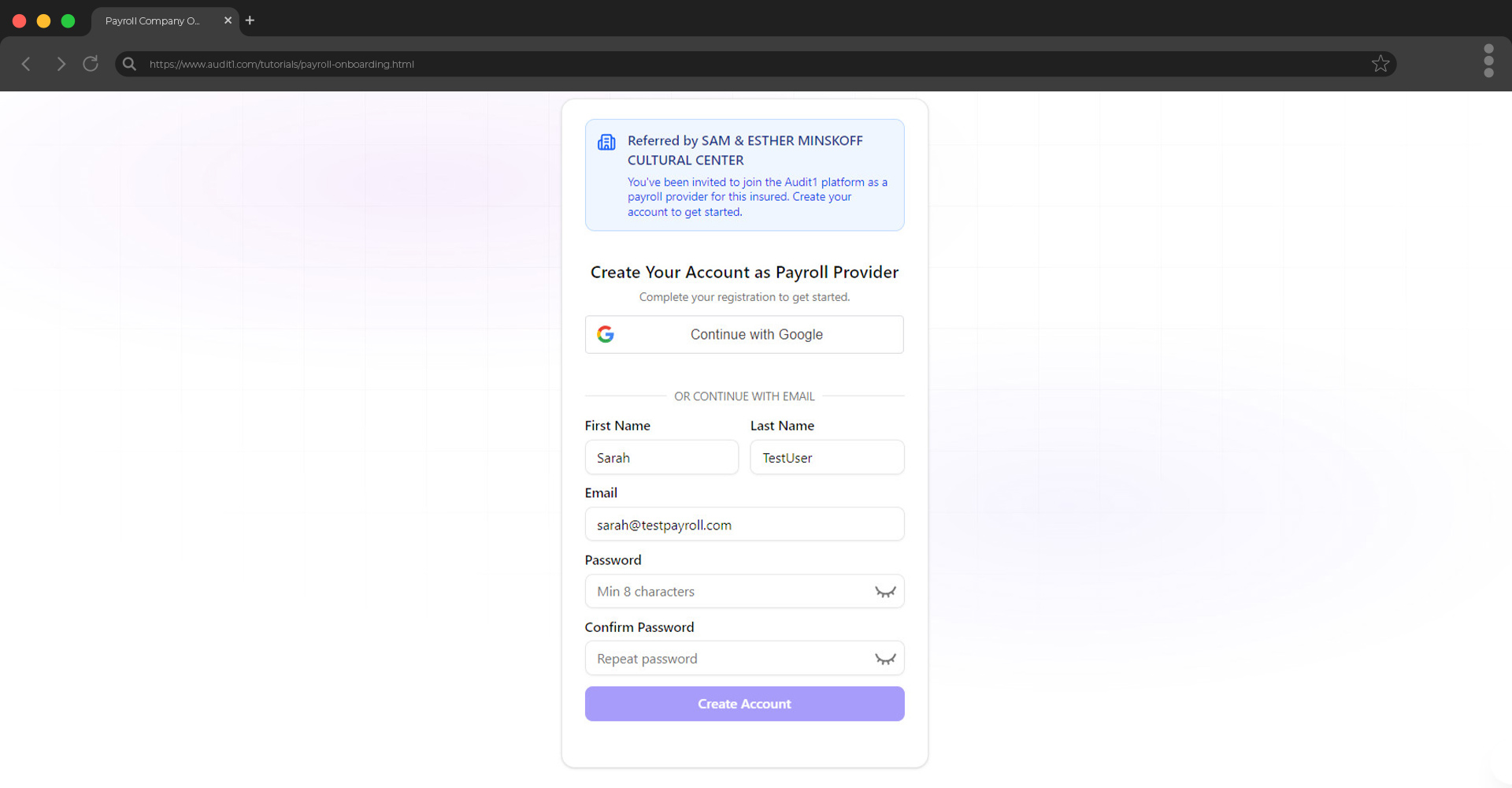 Registration page — employer referral