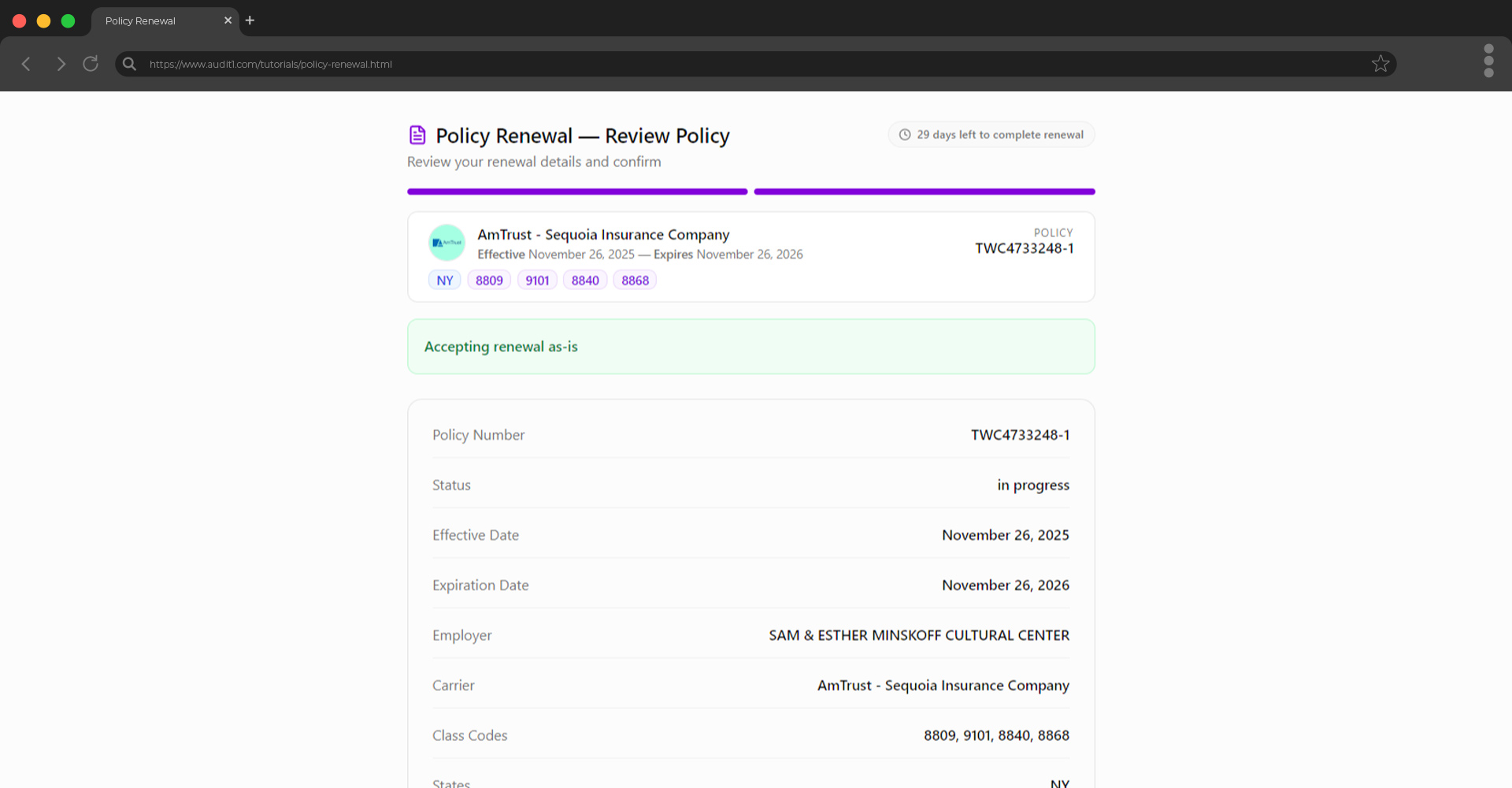 Review page for no-changes renewal