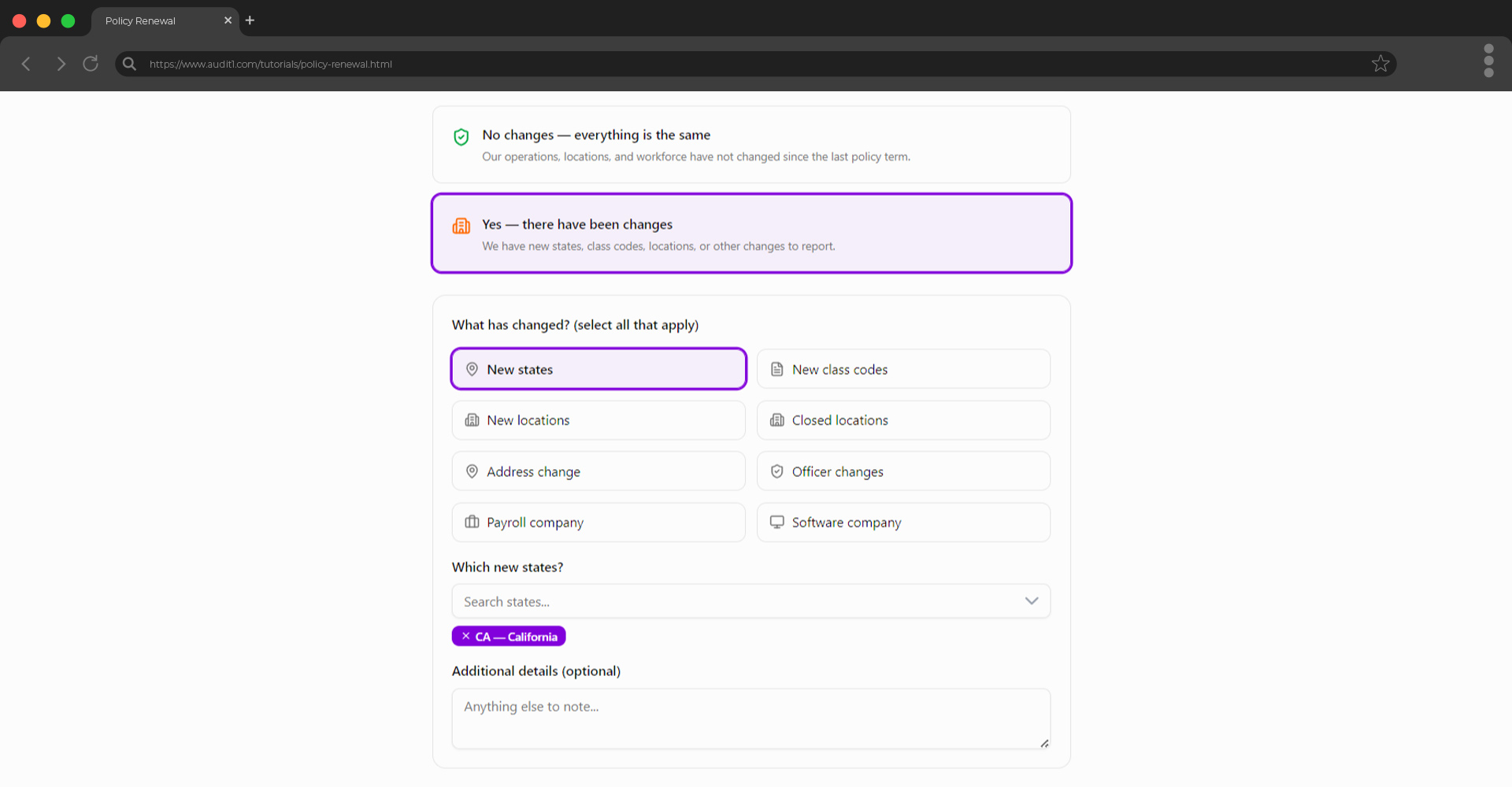 New states detail — selecting California