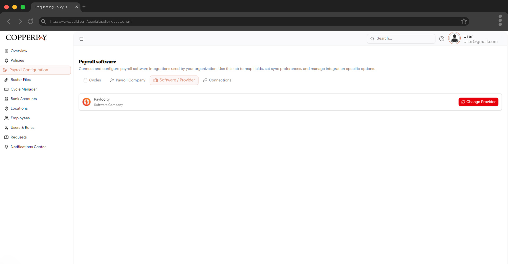 Payroll Configuration — Software / Provider tab