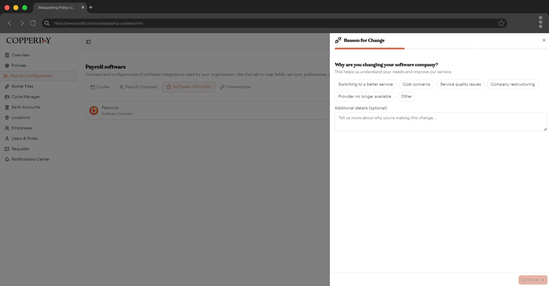Reason for change selector