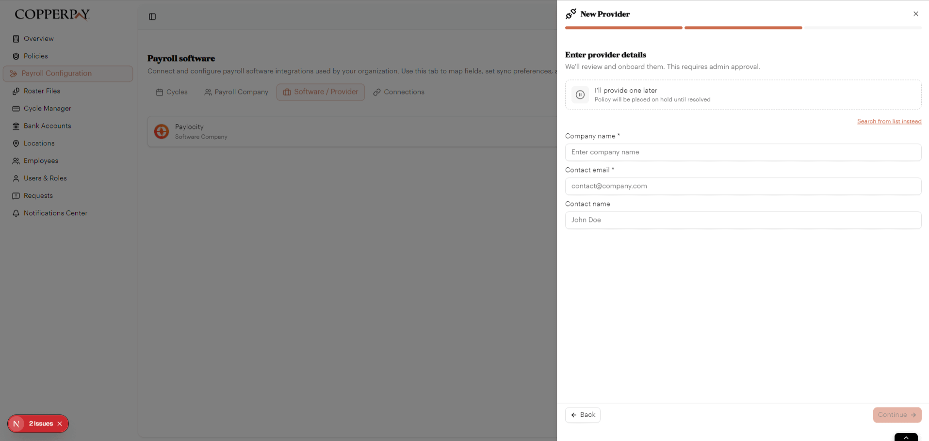Manual provider entry form