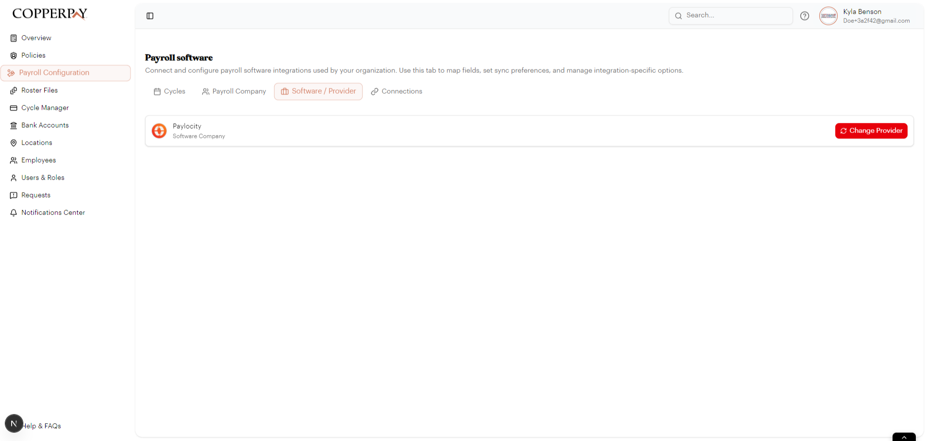 Payroll Configuration — Software / Provider tab